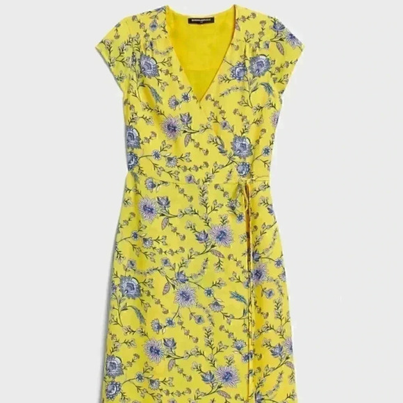 Banana Republic yellow floral wrap midi dress sz 2  Pet - Picture 6 of 6